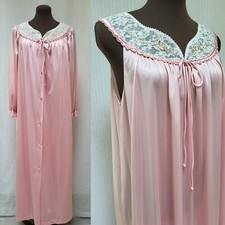 Vintage 2 Piece LORRAINE Shiny Pink Nylon PEIGNOIR Robe  Nightgown Set - Size M