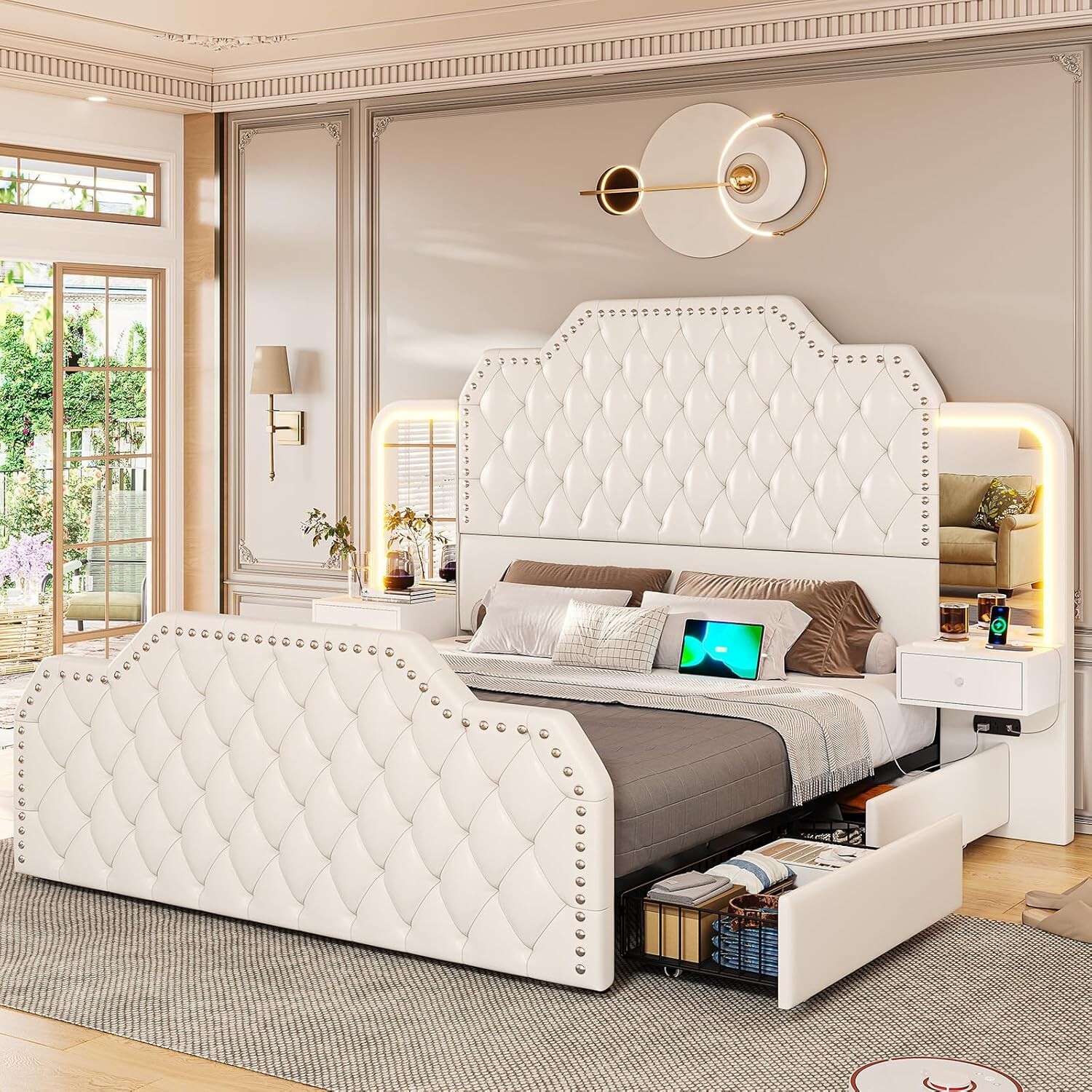With 4 Storage Drawers &led Lights(white)