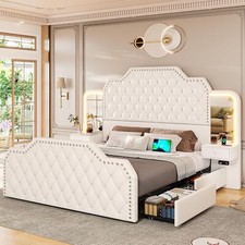 Queen Size 53" Tall Platform Bed Frame with 4 Storage Drawers LED Lights White 