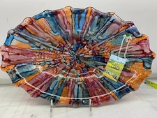 Orange Blue Pink Glass Luster Decorative Oval Serving Bowl Luster 15" Italy New
