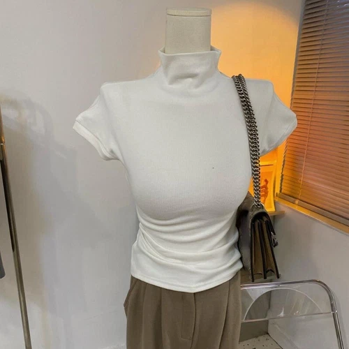 Mujeres Top Mangas Cortas Camiseta Cuello de Tortuga Calce Ajustado Blusa Parte Inferior - Imagen 8 de 25