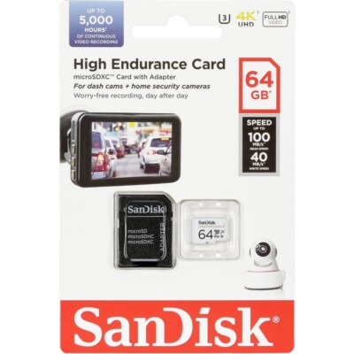 SanDisk 64GB High Endurance Monitoring MicroSd SDHC 100MB/s, with Adapter-UK
