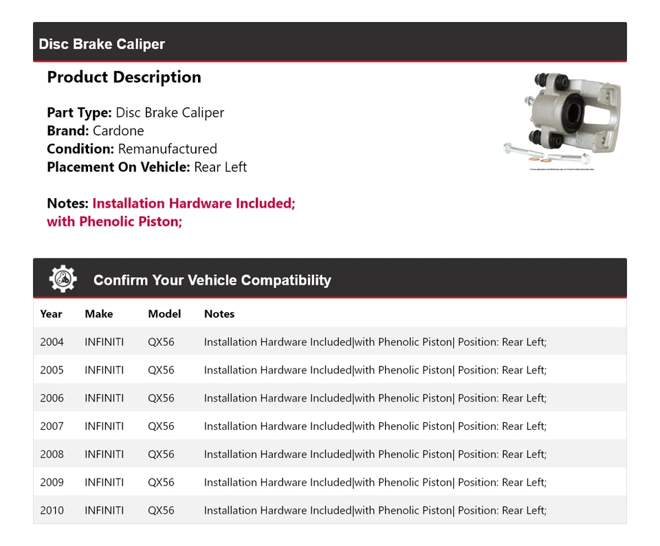 Pinza de freno de disco trasera izquierda Cardone 2005 2006 2007 para Infiniti QX56 2004-2010 Foto 2 de 4