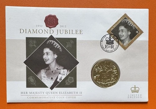 2012 Guernsey £5 Coin In FDC. Belize $2 Stamp QEII Diamond Jubilee