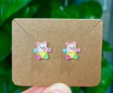 Stainless Steel Pink Teddy Bear Rainbow Stud Fun Cute Kawaii Handmade Earrings