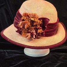 Vintage  Women Cloche Hat Dusty Rose Woven Straw Burgundy Velvet Floral Trim
