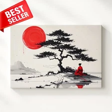 Canvas Wall Art Minimalist Solitude Pine Zen Red Sun Figure Stylized When World