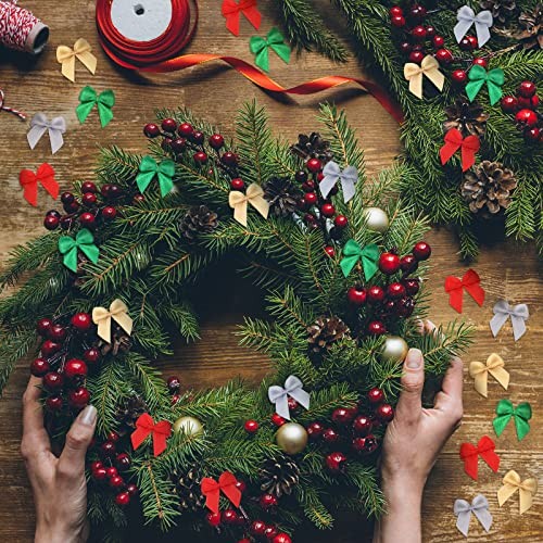 Syhood 150 Pcs Christmas Mini Bow Tiny Twist Tie Gold, Silver, Red, Green