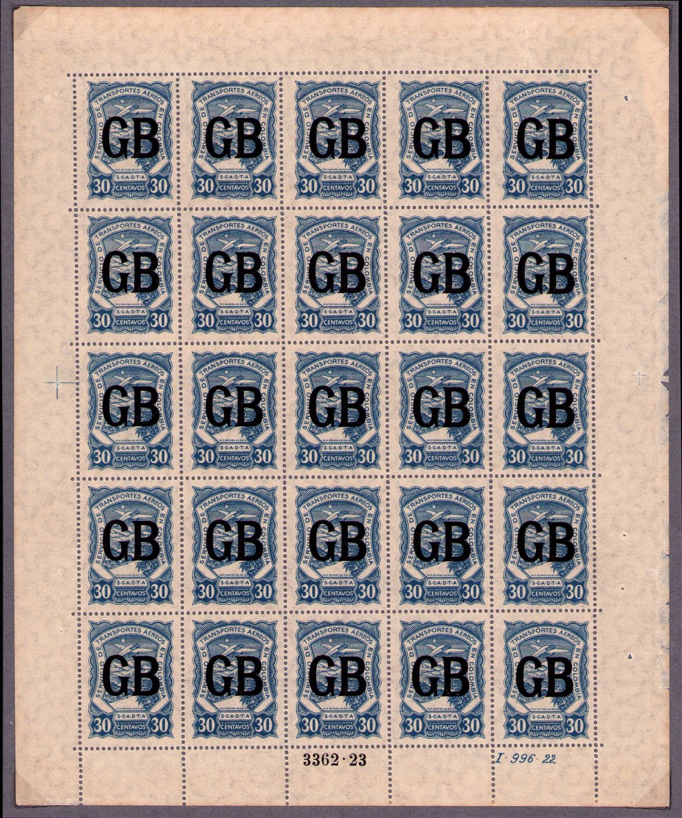 COLOMBIA - GREAT BRITAIN - SCADTA - CONSULAR 30c SHEET - Sc CLGB55 - 1923 RRR