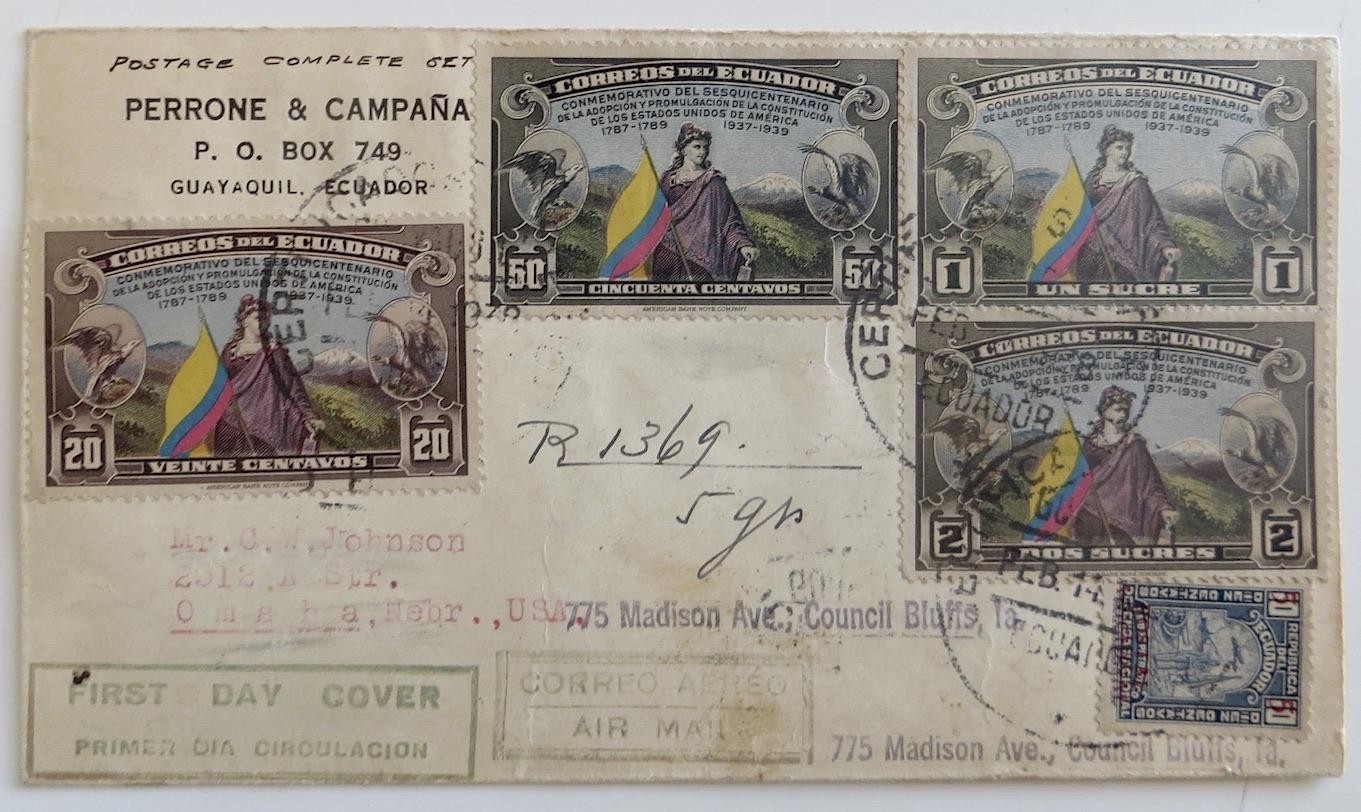 1938 Guayaquil Ecuador First Day Cover FDC To Los Angeles Ca USA SC#366-72
