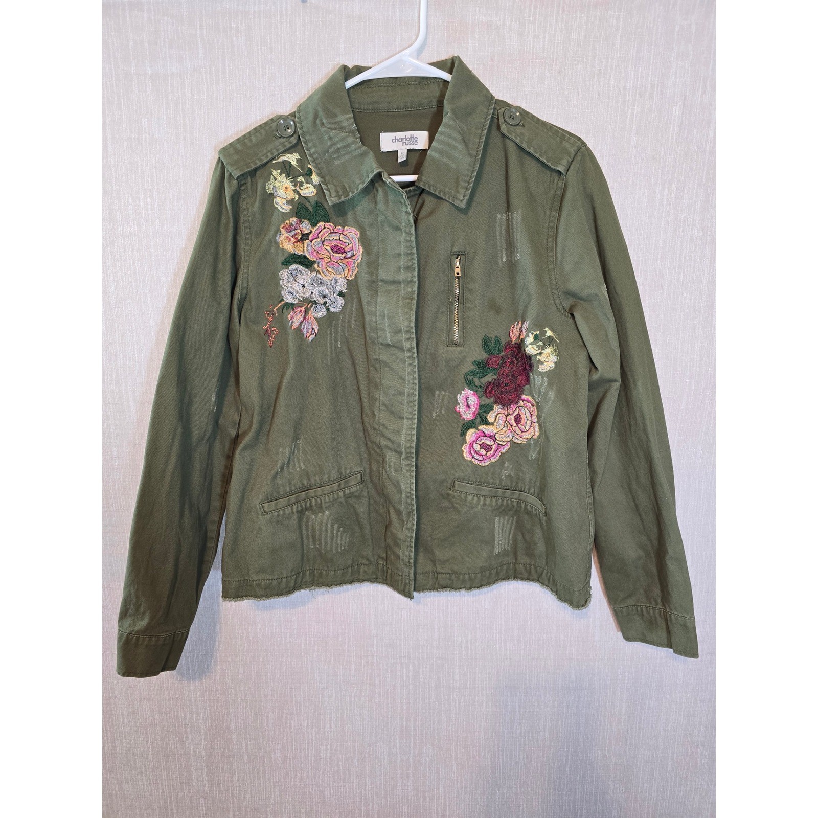 Charlotte Russe Women Olive Green Floral Embroidered Utility Jacket Distressed M