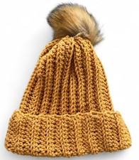Crochet Ribbed Beanie With Faux Fur Pom Pom - Adult Size Mustard