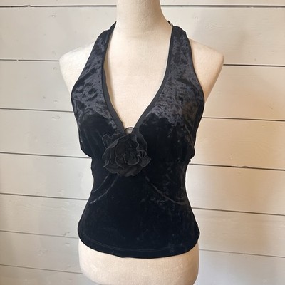 Y2K Cache Black Velvet Halter Tank Top Sm Silk Flower NWT Dead stock Going Out