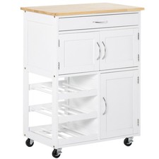 HOMCOM Rolling Kitchen Island Trolley Storage Cart w/ Rubberwood Top, White