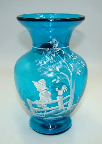 Fenton Hand Painted Mary Gregory Country Boy On Fence Aqua Blue Vase
