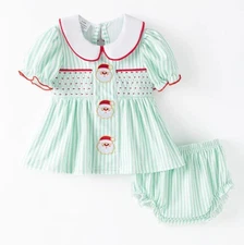 NEW Boutique Christmas Santa Smocked Embroidered Tunic Baby Girls Outfit