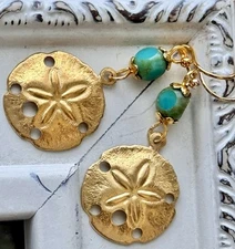 Turquoise and Gold Sand Dollar Sea Shell Earrings. Beach. Ocean. Coast.