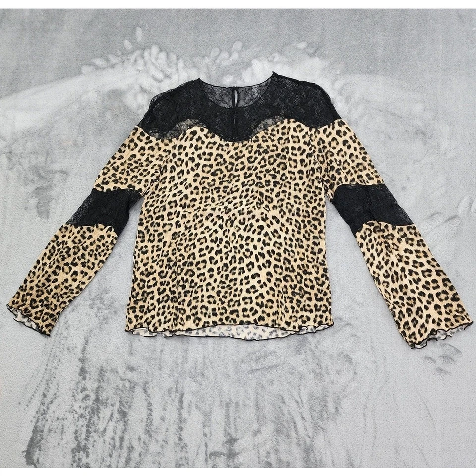Blusa Zara Top Mujer XS Negra Tostada Estampado Animal Encaje Transparente Fluida Manga Larga Foto 3 de 4