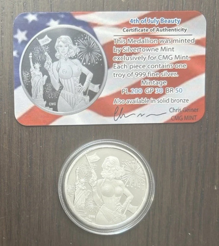 CMG Mint Fourth of July Beauty 1 Troy Oz .999 Silver PL Art Round 200 Mint W COA - Picture 2 of 3
