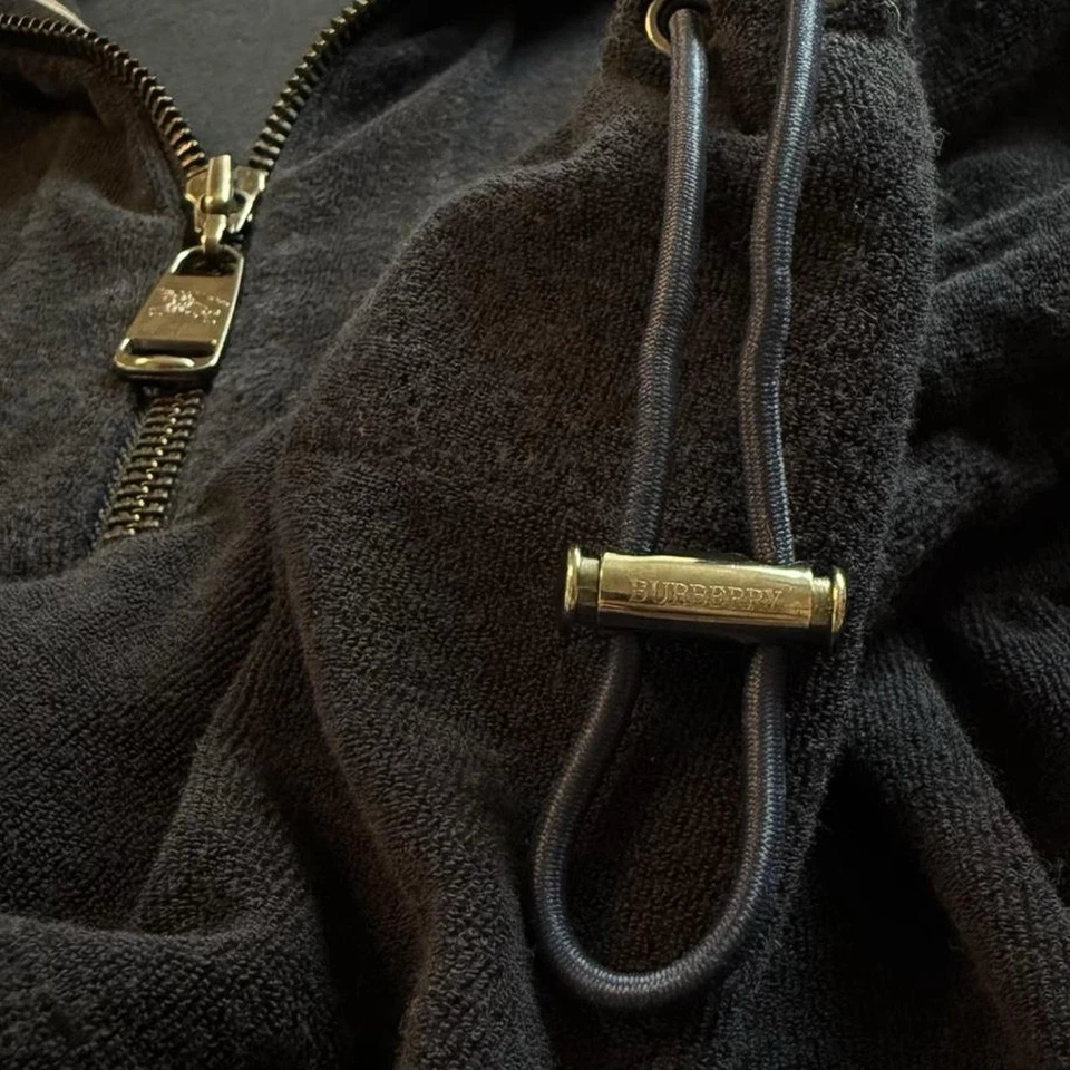 Sudadera con Capucha Burberry Vintage Azul Marino Terciopelo Media Cremallera Manga Cuarto Pequeña Cuadros Foto 4 de 4