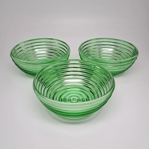 Vintage Anchor Hocking Park Avenue Green Ribbed Glass 6" Bowls Set Of 3 - READ