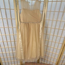 Girls Beige A-Line Tulle Knee Length Dress Size 7/8 Rhinestone Sleeveless Party
