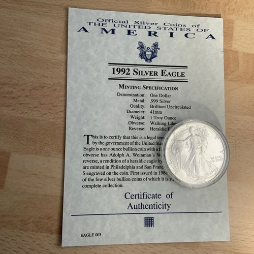 USA Mint Genuine 1992 1oz American Silver Eagle 0.999 Fine Silver Coin
