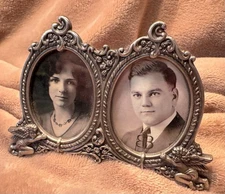 Lively Art Nouveau Victorian Style Silver Metal Double Mini Photo Frame