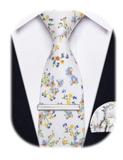 Cotton Floral Tie for Men 2.5" Printed Skinny Necktie Pocket Square Tie White