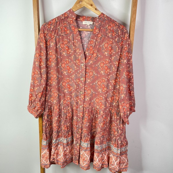 Iris Maxi Shirt Dress Womens 8 Orange Floral Button Up Long Sleeve Knee Length