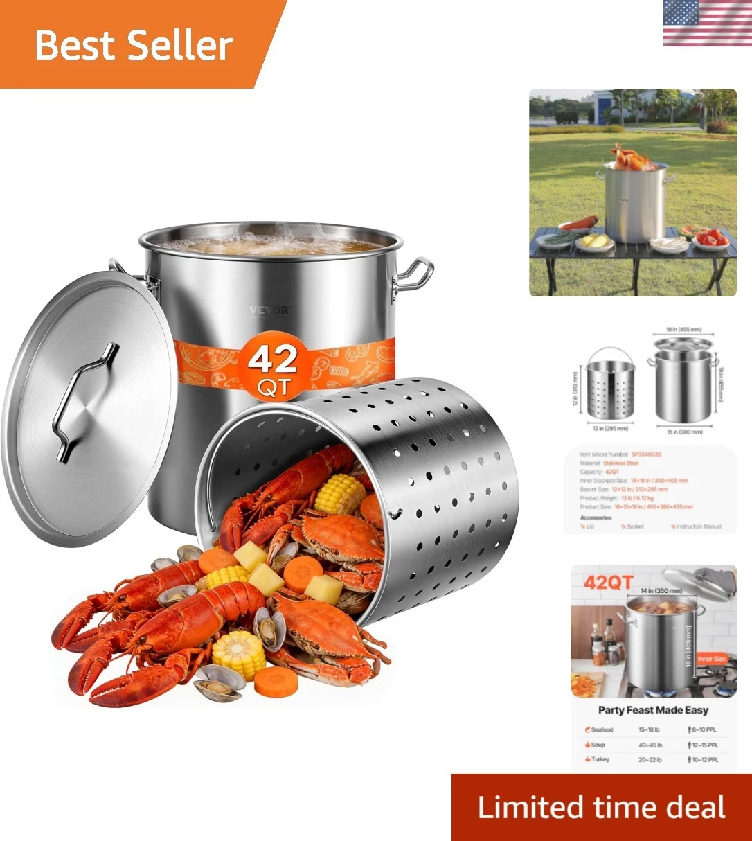 Stainless Steel Stockpot, 42 Quart Large Cooking Pots, Cookware Sauce Pot wit...