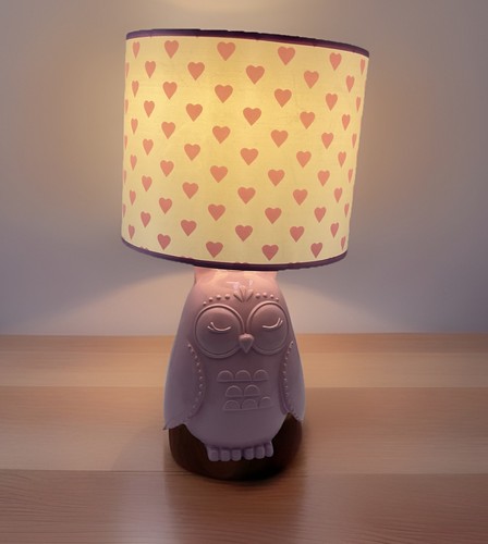 Pink Owl Nursery Table Lamp With Heart Shade And Hard Plastic Base 16.5”