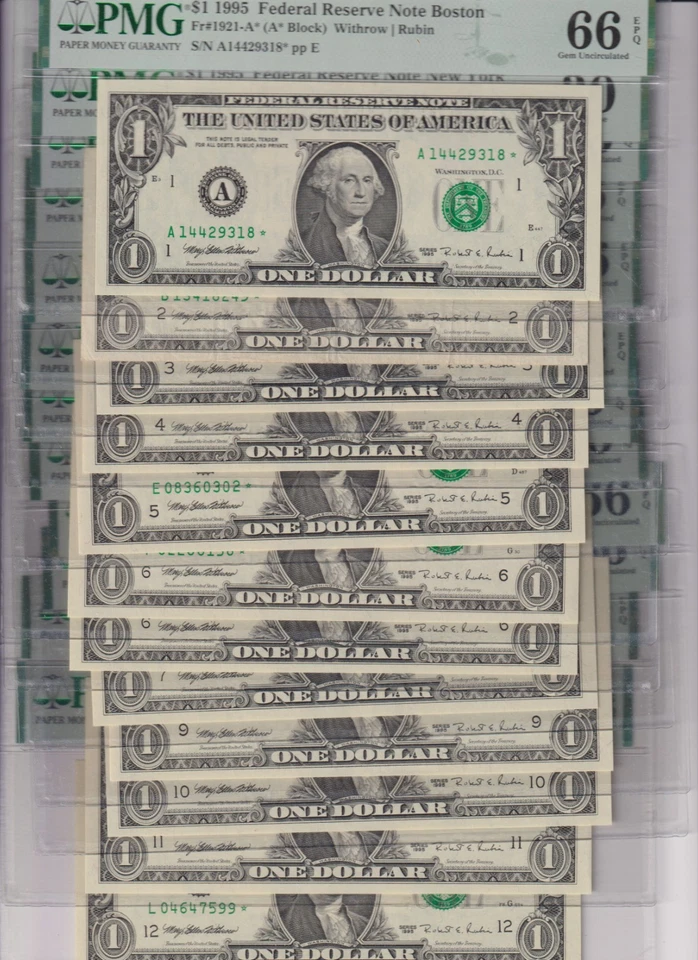 ALL 12 *STAR* NOTES 1995  Fr 1921-*/1922-* $1 FRN PMG 66EQ/30 FULL DISTRICT SET - Image 2 of 4
