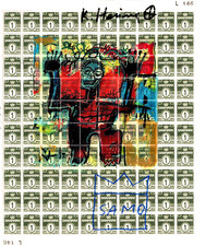 Keith Haring & Jean Michel Basquiat - Siebdruck - signiert auf BRIEFMARKEN BOGEN