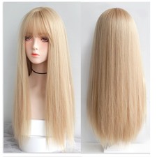 Heat Resistant Hair Highlight blonde Dress Up Wigs With Bangs Long Straight