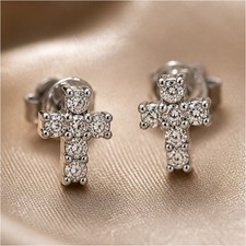 Mini Iced Moissanite Cross Stud Earrings D Color VVS1 Minimal Faith Jewelry