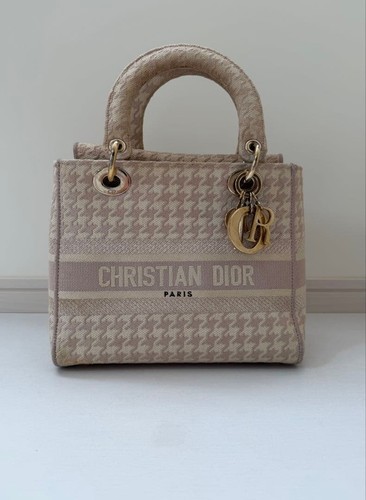 Dior Lady D-lite Handbag Canvas Light Pink Houndstooth