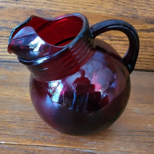 Vintage Anchor Hocking Royal Ruby Red Glass Small Tilt Ball Pitcher w/Ice Lip