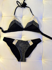 PilyQ Black/Gray Geometric Triangle Halter Bikini 2-Piece Set S Tie Strap
