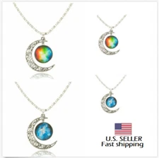 Women Galaxy Universe Crescent Moon Glass Cabochon Pendant Necklace Jewelry New