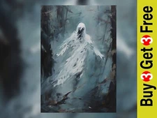 Eerie Ghostly Figure Floating Through Dark Forest, Haunting Oil Print 5"x7"