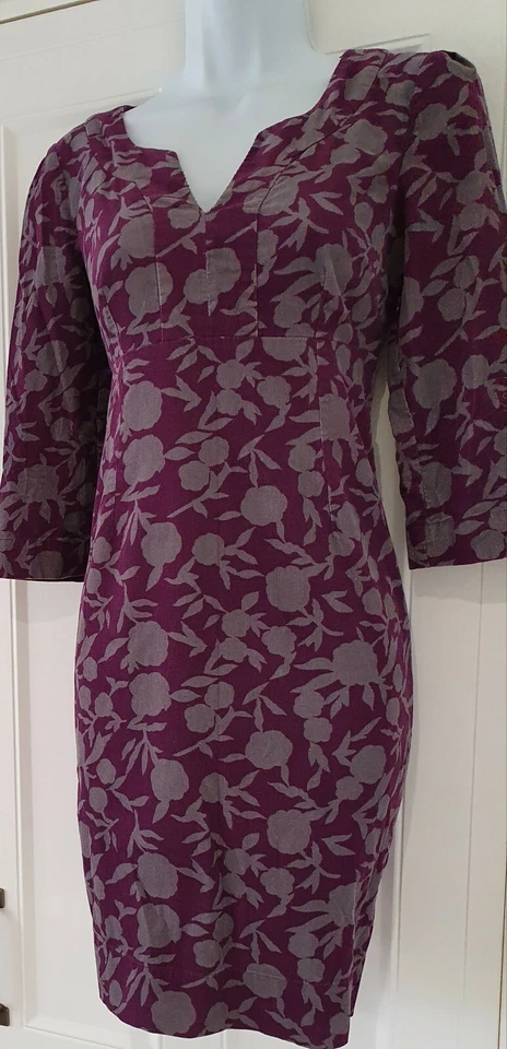 Womens Boden Purple Grey Floral Needlecord 3/4 Sleeves Kaftan Shift Dress 8 Vgc. - Image 4 of 4