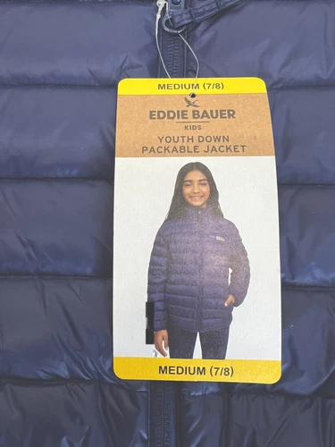 Eddie Bauer Youth Size Medium 7/8 Packable 80% Down Navy Blue NEW WITH TAGS