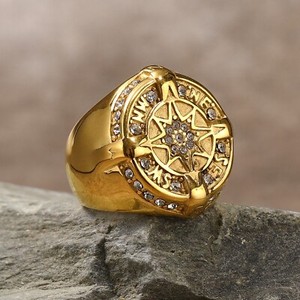Authentic Gold Plated CZ Compass Ring Vintage Men's Biker Ring Size 6-13