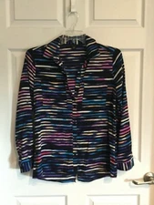 Attention Women’s Medium blouse black purple blue white stripes long sleeves