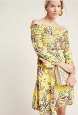 NWT Farm Rio Anthropologie Bria Smocked Off Shoulder Yellow Floral Dress Small S