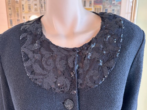 New Vtg ST JOHN Sz 16/XL Black Sequin Stretch Wool-Knit Boucle Silk/Mesh Blazer - Picture 11 of 19