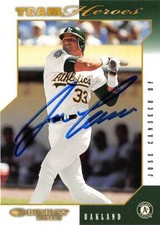 Jose Canseco autographed baseball card 2002 Donruss Team Heroes #373 Athletics