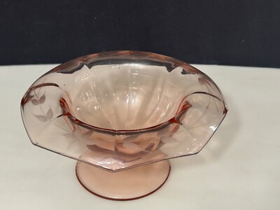 Vintage Depression Glass Imperial Molly Pink Bowl Etched Footed Bowl 7 x 3.75 in