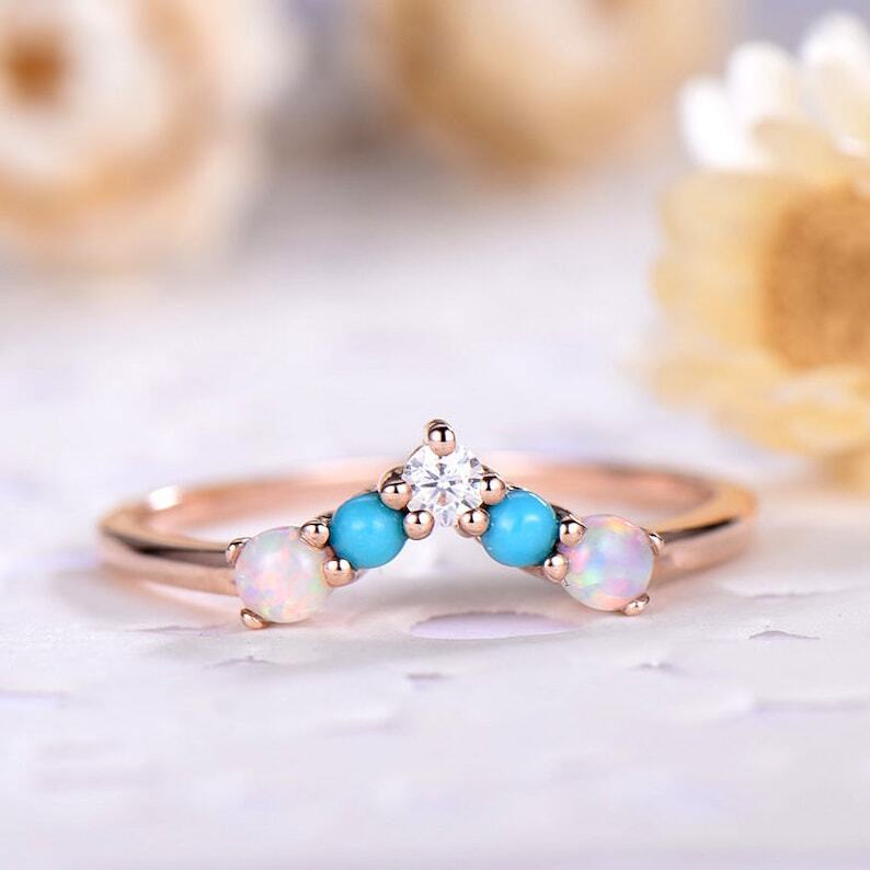 Opal Turquoise Chevron Wedding Band in 14k Rose Gold Bridal Ring Gift-image